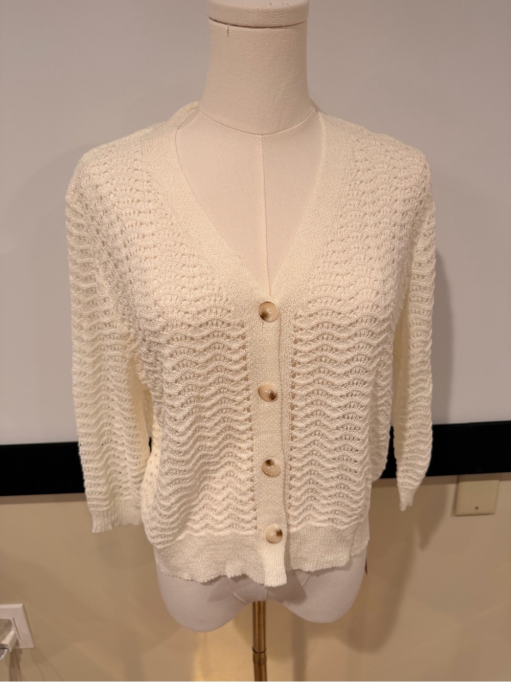 Lightweight Cream Open-Knit V-Neck Button Cardigan